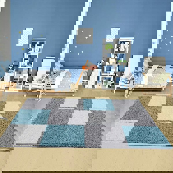 Geometric Design Thick Shaggy Area Rugs Duck Egg Blue