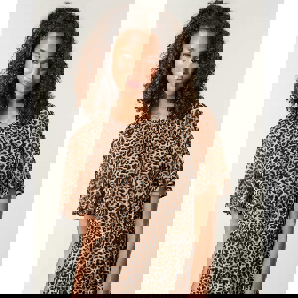 Blue Vanilla Leopard Print Mesh Crew Neck Mini Dress