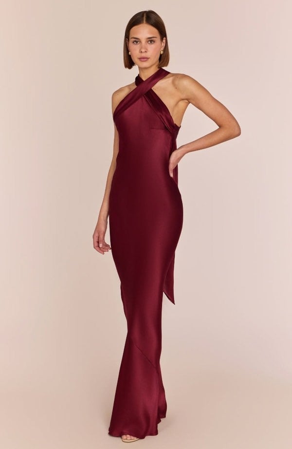 Rewritten London Roma Dress in Chianti Satin