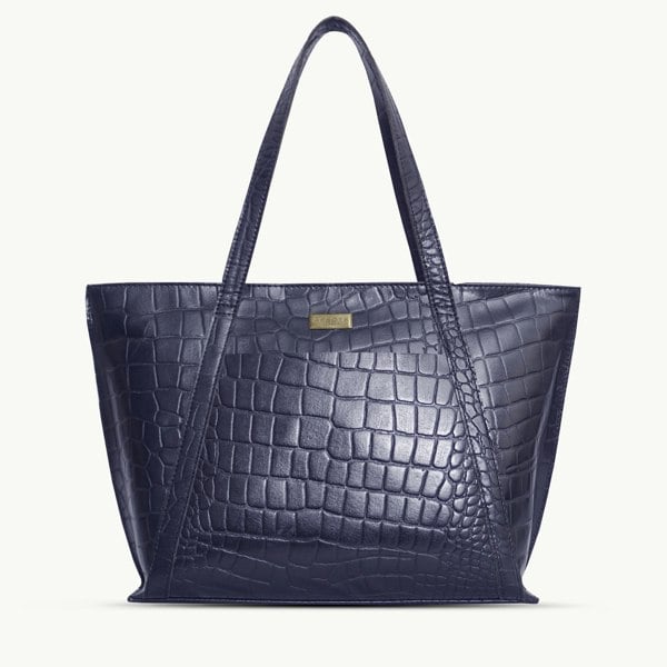 Assots London 'AGNES' Navy Croc Real Leather Designer Tote Bag