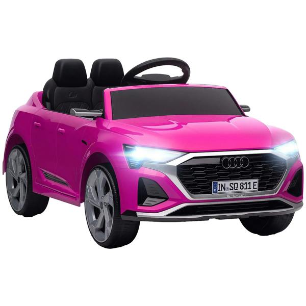 Pink 12V ride-on car with LED headlights and Audi grille front
