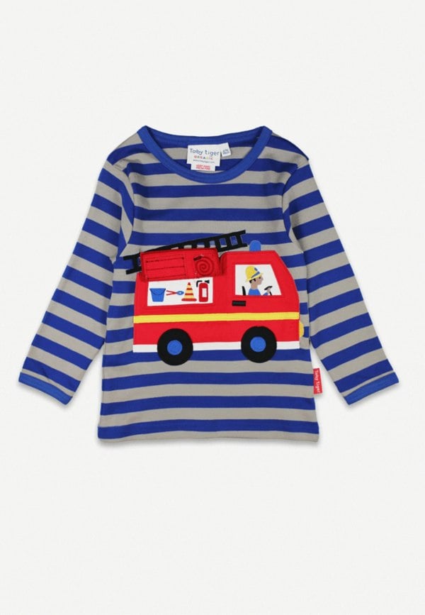 Toby Tiger Organic Blue Fire Engine Applique Long-Sleeved T-Shirt