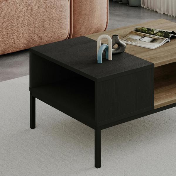 Decortie Modern Rectangular Coffee Table with Dual-Side Open Shelf Storage, Living Room, Office, Metal Legs