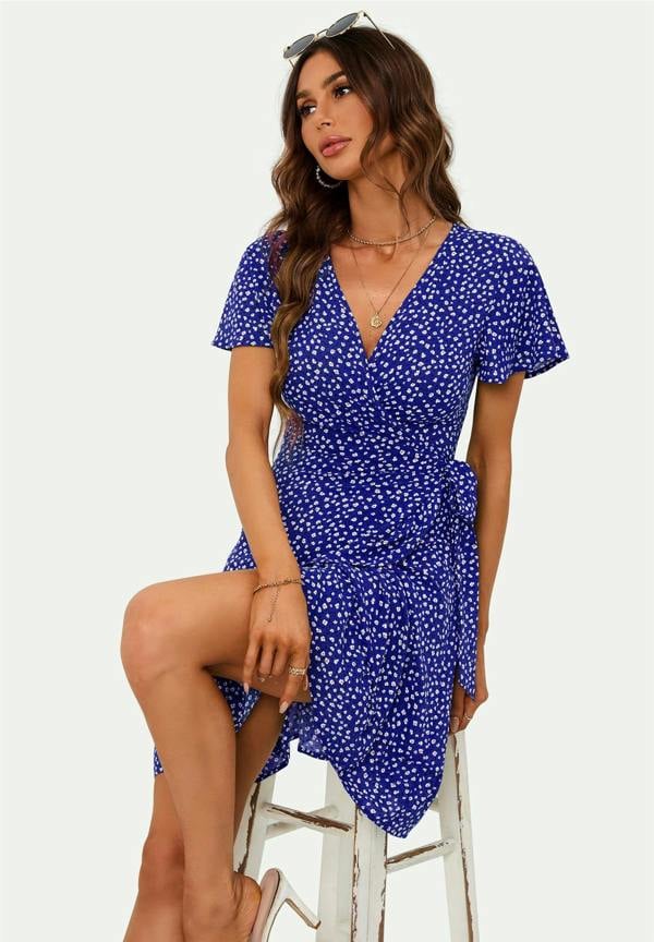 FS Collection Floral Print Mini Wrap Dress In Blue