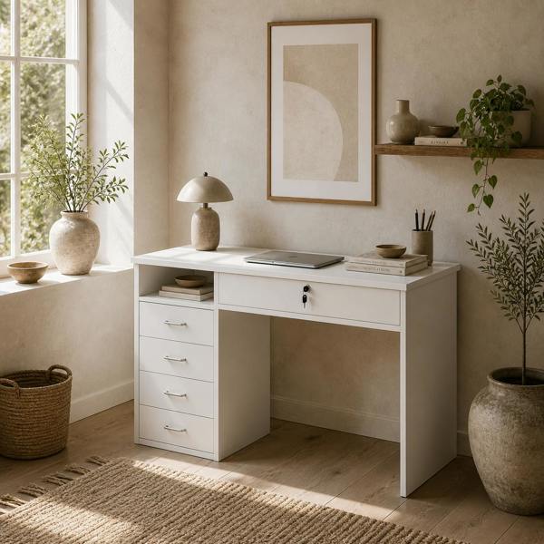 Wyld Haus Fizita 110cm White Home Office Desk With 5 Storage Drawers
