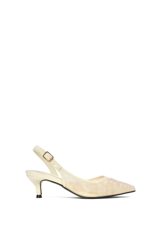 XY LONDON Embroidered Slingback Court Shoes With Kitten Heel - Ivory - 8