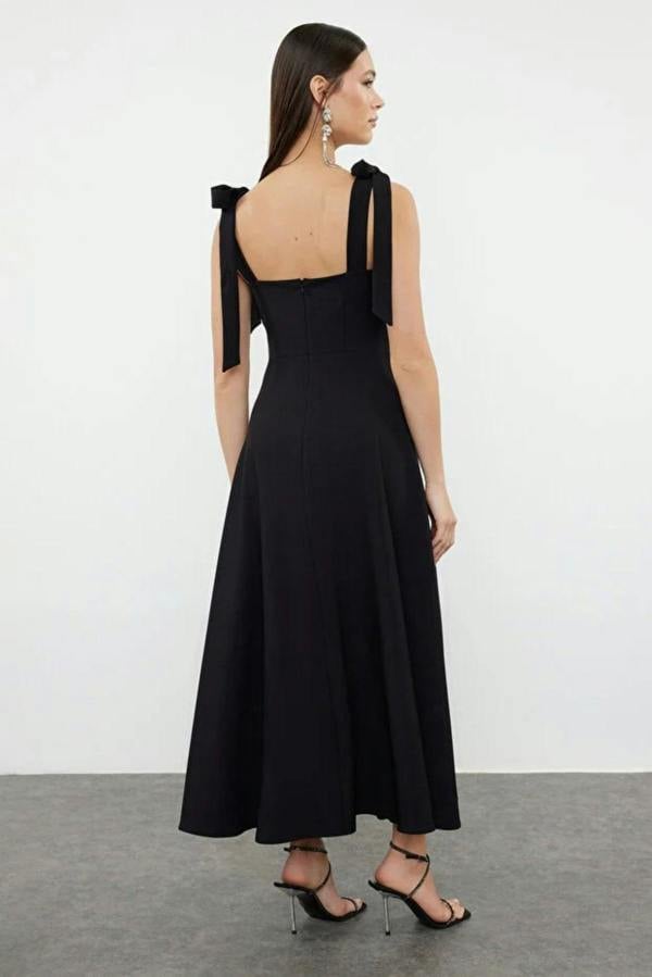 Hoxton Gal Elegant Woven Midi A-Line Dress with Tie-Strap Detail