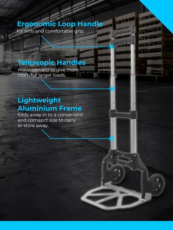 Workhorse Mini Compact Folding Sack Truck - Telescopic Handle with 2 Solid Tyres, 60kg Capacity