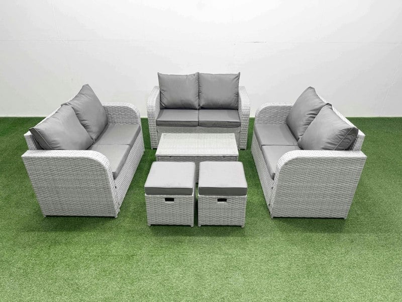 Fimous  8 Seater PE Wicker Rattan Furniture Sofa Sets with Rectangular Coffee Table 2 Seater Love Sofa 2 Stool Side Table Light Grey