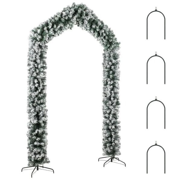Bobobiy 9ft Flocked Snow Christmas Tree Arch, Christmas Single Arch Doorway Decor with 1400 Branch Tips and Steel Stand, Green