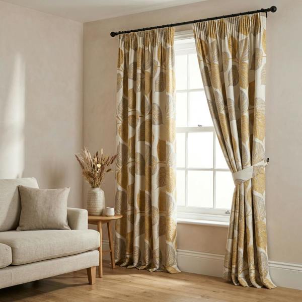 Tanomah made-to-measure curtains in Gold, styled in a living room