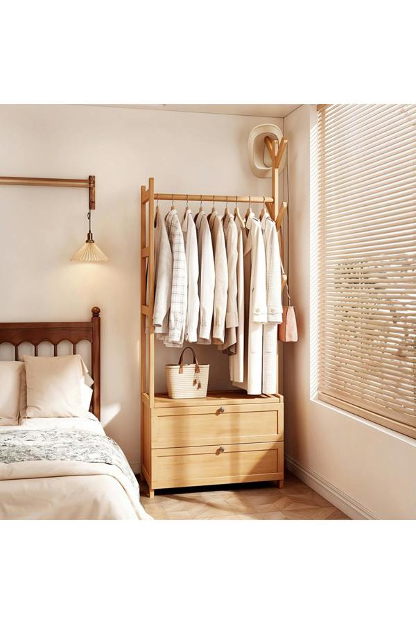 Living and Home Freestanding Bamboo Clothes Rack Garment Rack with Storage Shelves Coat Hanger