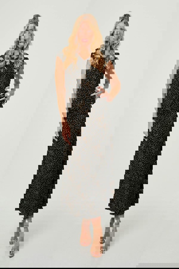 Black | Polka Dot Cap Sleeve A-Line Maxi Dress
