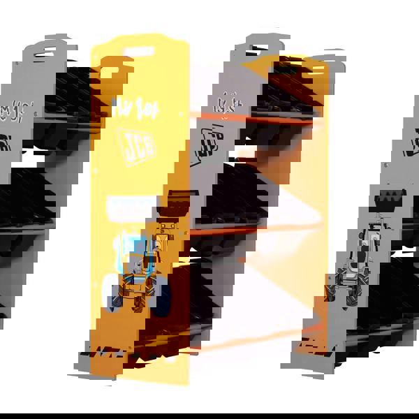 Alternative side view of the JCB 9 Bin storage unit. Shows off the construction themed graphics. Mainly character Joey, and the JCB logo.