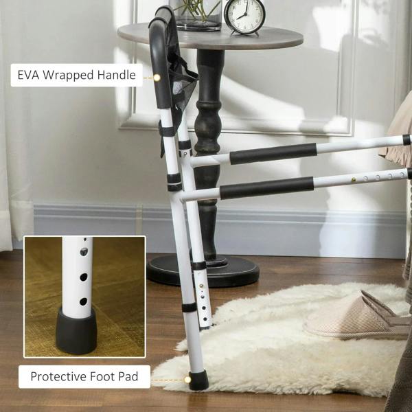White bed assist rail with EVA-wrapped handle and protective foot pad detail
