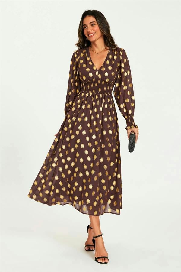 FS Collection Gold Foil Long Sleeve Maxi Dress In Brown