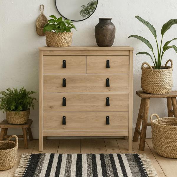 Wyld Haus Wildberry Natural Oak Wood Chest 5 Drawers