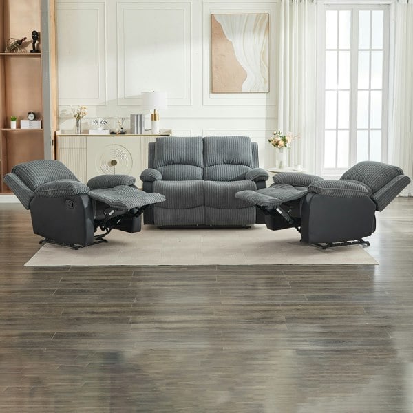 Furniture One Manual Reclining Sofa Set, Corduroy Fabric Recliner Sectional Sofa Suite-Adjustable Backrest and Footrest, Jumbo Cord Fabric Recliner