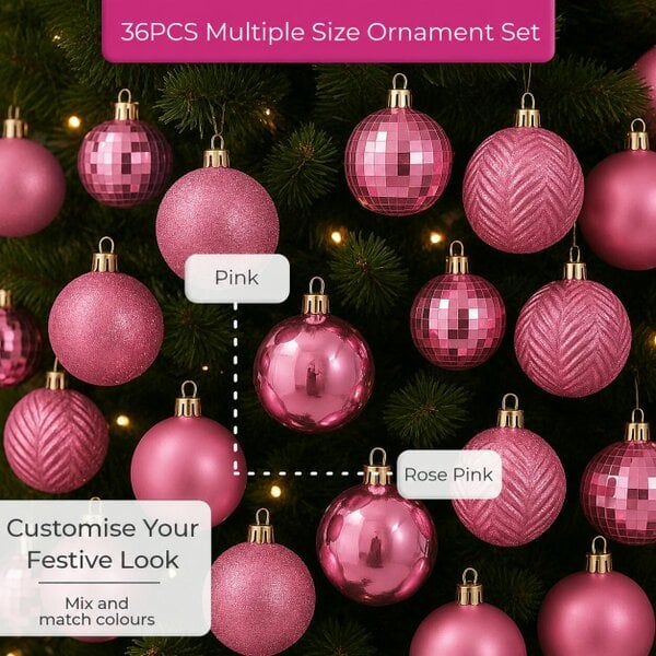 Neo Champagne 36 Christmas Tree Ornaments Set Baubles Glitter Balls Holiday Festive Decorations Assorted Sizes Colours Home Party Décor