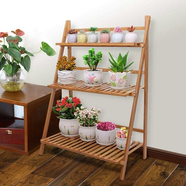3-Tier Foldable Plant Stand Wooden Ladder Shelf Natural/White Living and Home Natural
