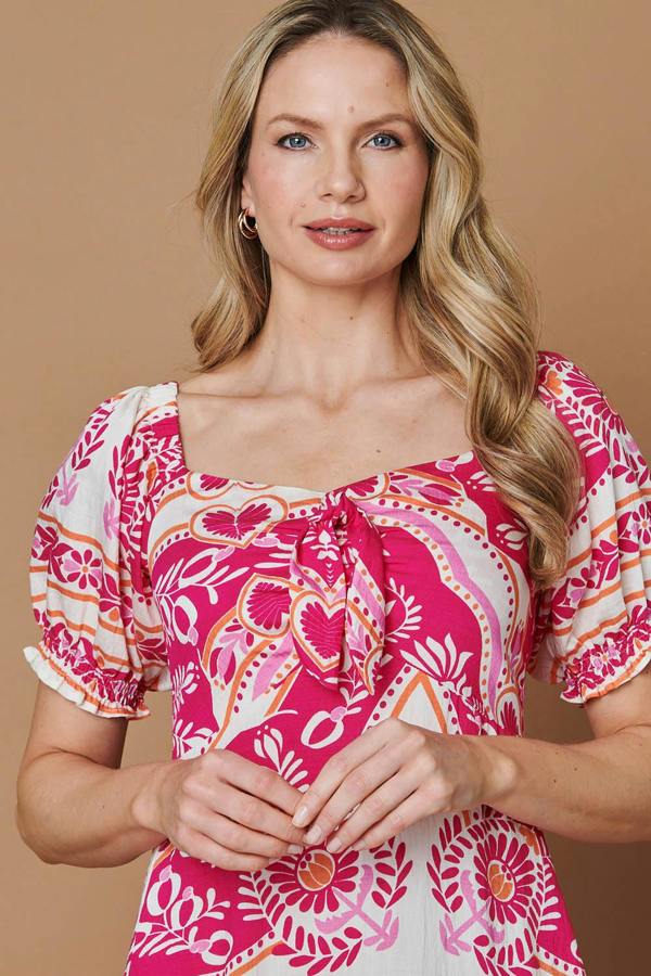 Pink | Printed A-Line Puff Sleeve Midi Dress