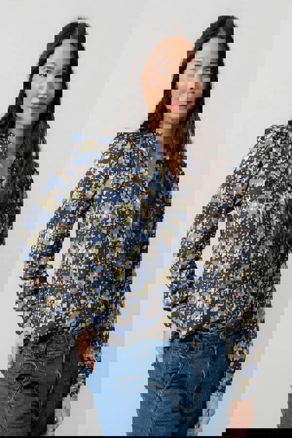 Lily & Me Wayfaring Frill Neck Blouse Navy