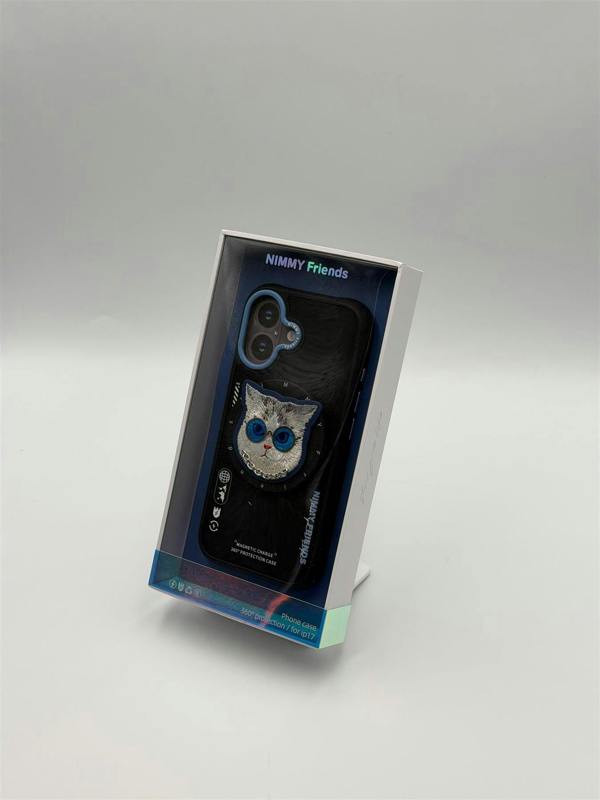 Nimmy Friends Nimmy Glass Cool Cat Face Case with Detachable MagSafe Grip Stand for iPhone 17 6.3" Black Blue - N-YJKM-CXZJ-IP17-03