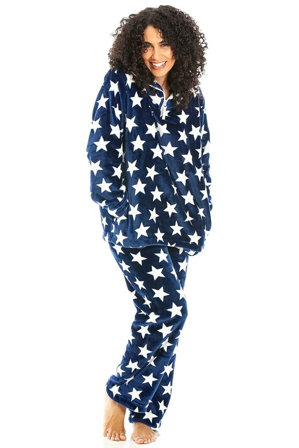 Camille Womens Supersoft Fleece Navy Star Print Pyjama Set