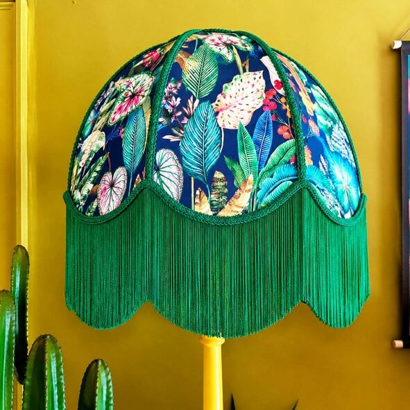 Love Frankie Winnie - Vintage Fringed Dome Lampshade in Magic Fruits with Green Fringe