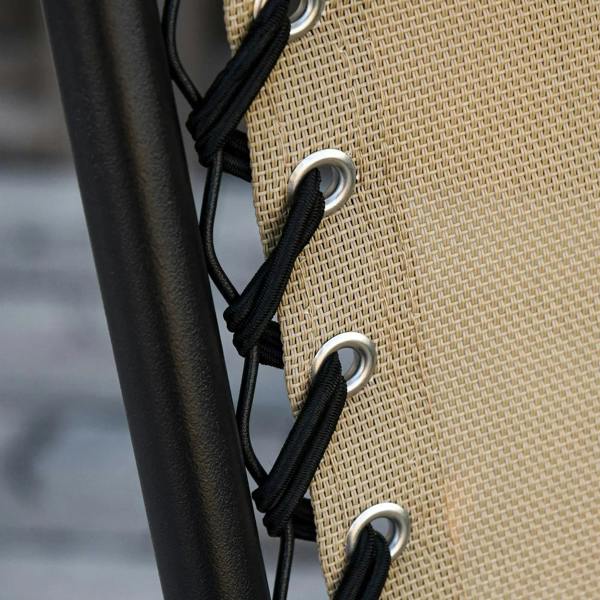 Beige seat fabric panel with black support straps and metal frame detail