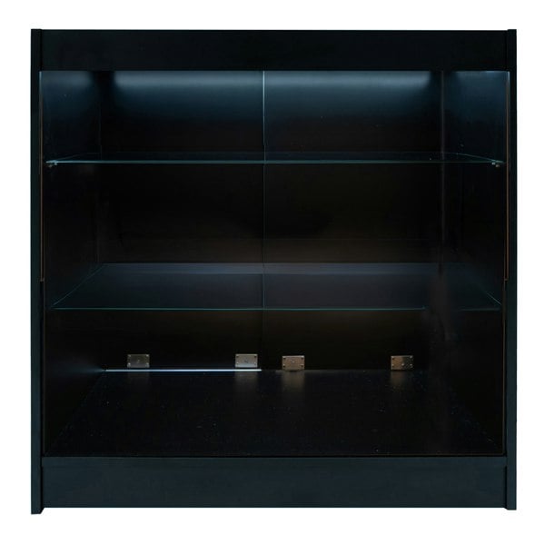 Black Apollo LED shop counter set featuring sleek glass shelves and illuminated interior, ideal for showcasing products