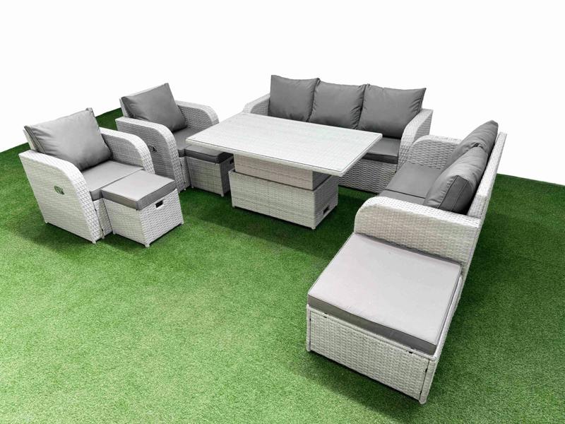 Fimous PE Rattan Outdoor Set, Adj Height Table, Reclining Sofa, Double Love Seat, 2 Seater Lounge and 3 Stools, Light Grey