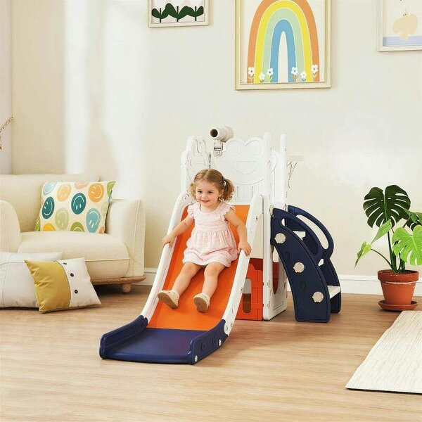 5 in 1 Kids Slide Set with Basketball Hoop, Climbing Frame, Telescope, Storage Box for Toddlers Ages 1-3, Orange - Orange