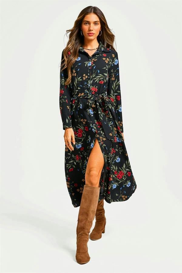 FS Collection Black Floral Print Shirt Midi Dress With Tie Waist + Gold Stretch Leaf Belt