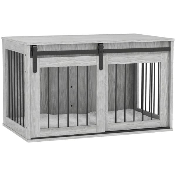 Grey wooden dog crate furniture with removable cushion, barred front and side slats