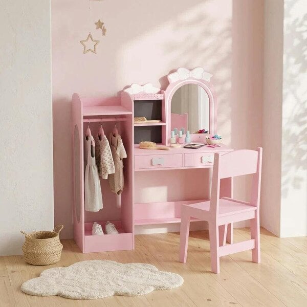 Kids Dressing Table, 3-in-1 Kids Vanity Set with Stool, 2-Colour Lights Mirror, Clothes Rack for Ages 3-8, Pink
