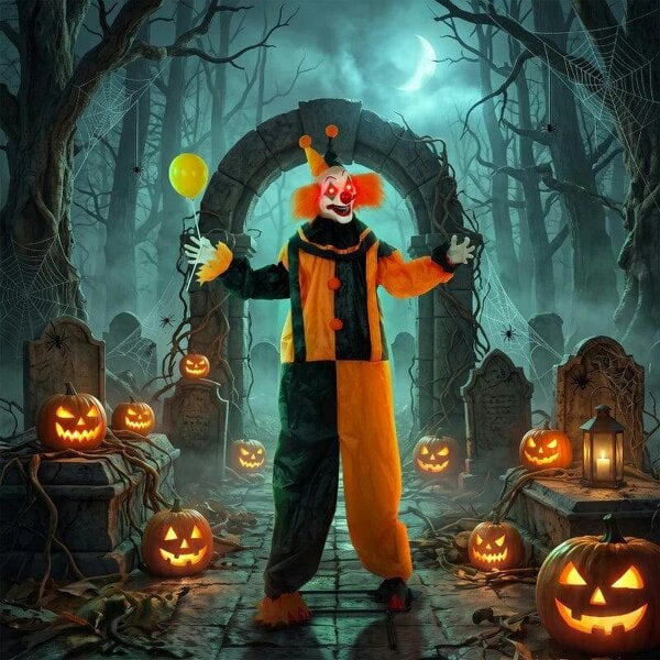 Bobobiy 190cm Life Size Animated Clown Halloween Decoration, Scary Halloween Animatronics Decor with Sound Touch Activated