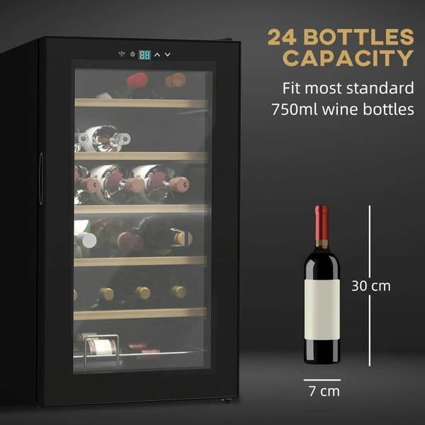 Black wine cooler fridge with glass door and 24-bottle capacity graphic