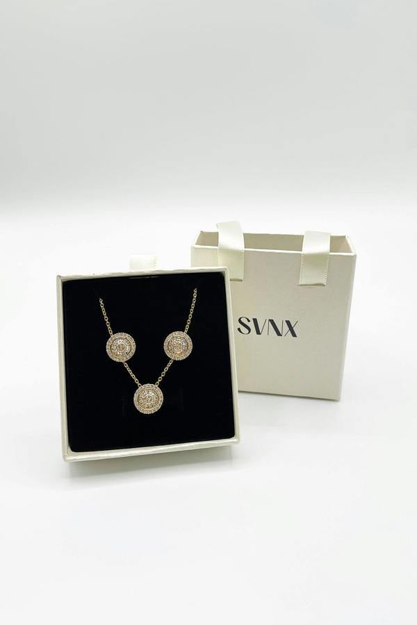 SVNX Diamante Halo Necklace & Earrings Set in Gold with Gift Box
