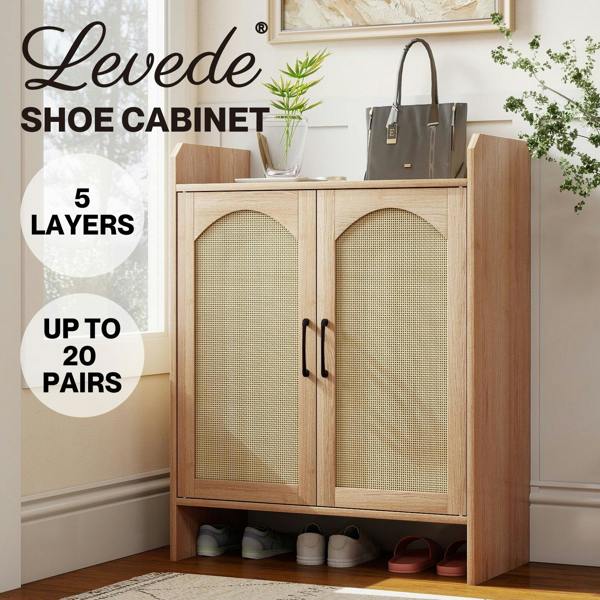 Levede Shoe Cabinet 5-Layer Rattan Double Wooden Doors White Entrance Storage