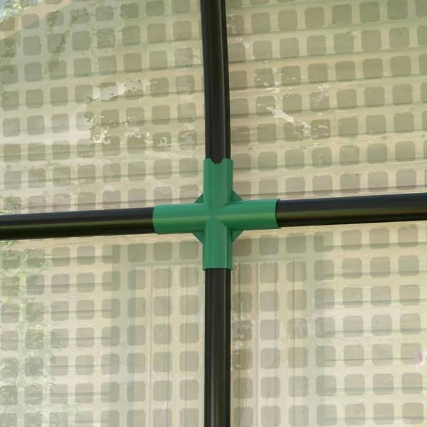 Green greenhouse frame crossbar with white mesh panel background