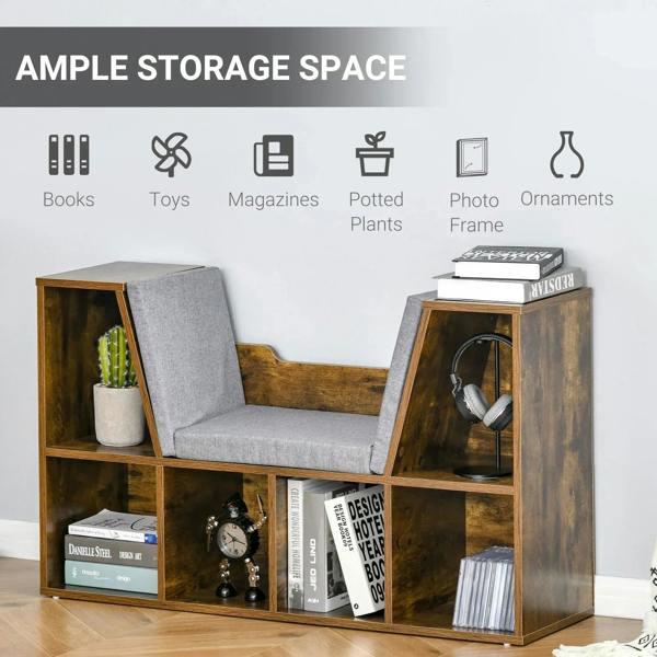 Rustic brown bookcase bench with gray cushion and multiple open storage cubes for decor