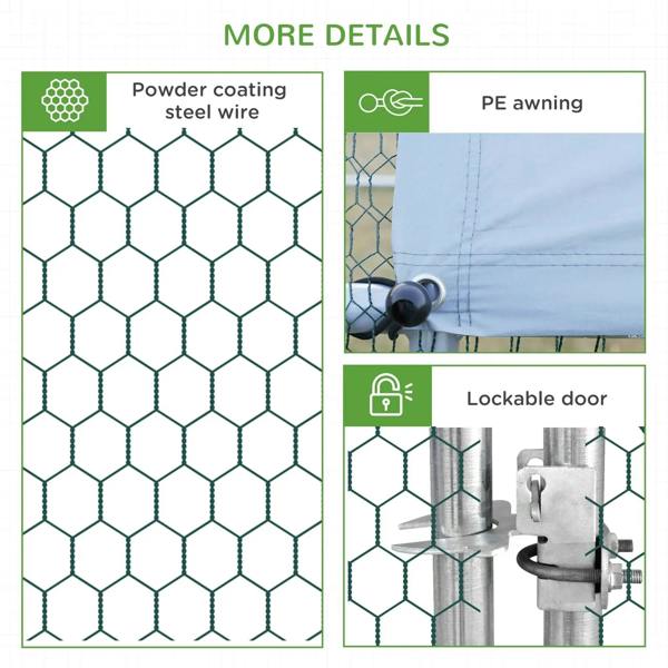 Chicken coop details: powder-coated mesh, PE awning, and lockable door