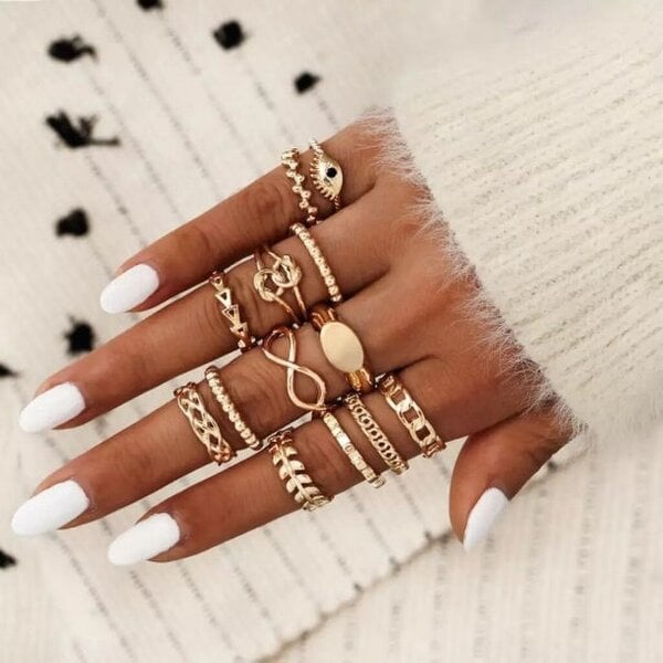 The Colourful Aura 13 Pcs Gold Stone Metallic Stacking Multi Size Knuckle Midi Ring Set