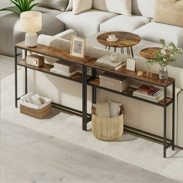 Rafaelo Mobilia Industrial Slim Console Table With 2 Shelves Rustic Brown