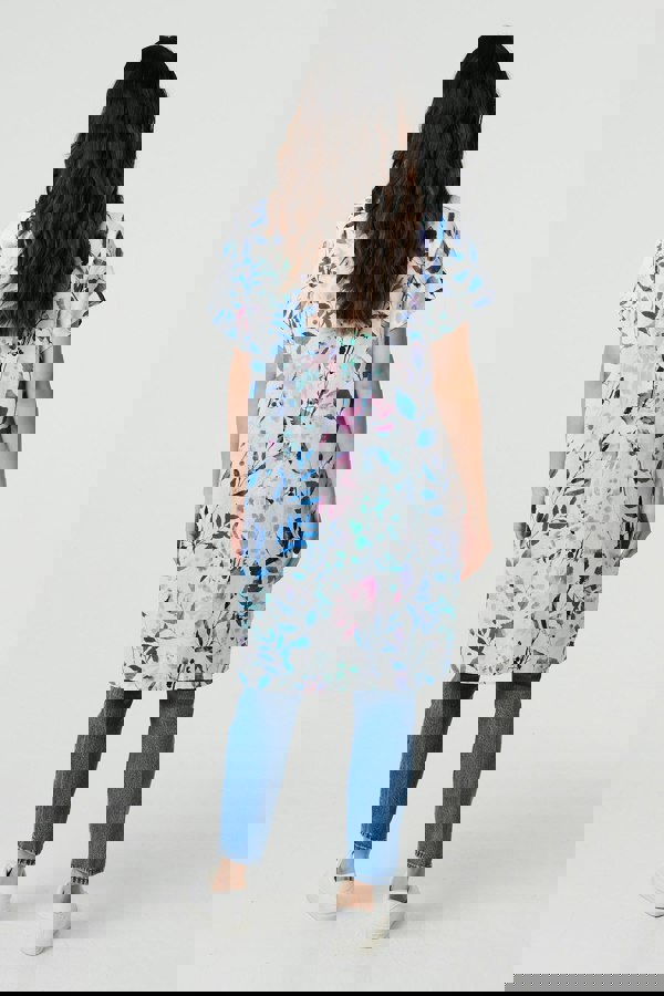 Blue | Leaf Print Pocket Front Short Shift Dress
