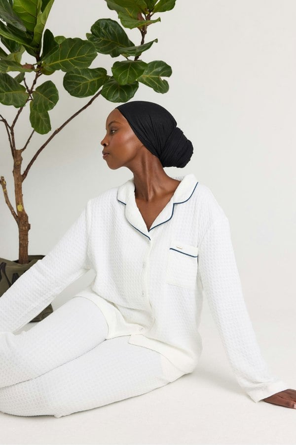 Pretty You London Women's Luxury Suite Waffle Long Pyjama Set in White