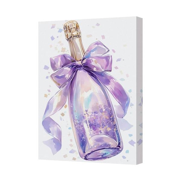 Benjamin Tate Design Champagne Bottle Canvas Wall Art With Purple Ribbon And Confetti