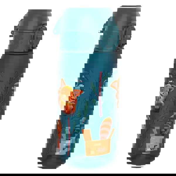 A teal water bottle, featuring a repeating pattern of red pandas and foliage, sits on a white background. The bottle has a teal screw-on cap and base. A small box on the bottle is labeled "ION8".