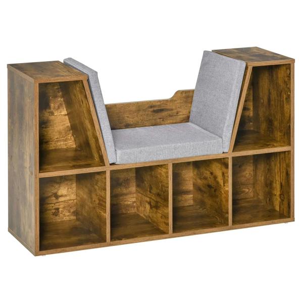Rustic brown cube bookcase bench with gray cushioned seat and two angled end panels